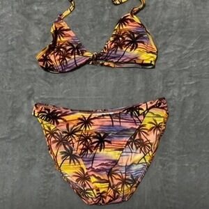 Vtg Xhilaration Womens Tropical Sunset Palm Tree Bikini Set Yellow Purple Large
